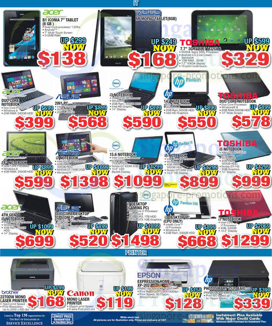 Tablets, Notebooks, Printers, Acer, Brother, Epson, HP