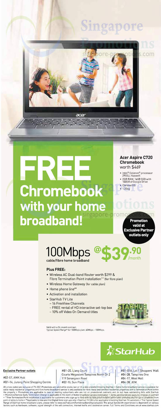 39.90 100Mbps Cable Fibre Broadband, Free Acer Aspire C720 Chromebook Notebook