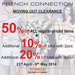Featured image for (EXPIRED) French Connection 50% OFF Storewide Moving Out SALE @ Tangs Orchard 21 Apr – 9 May 2014