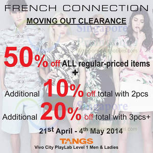 Featured image for (EXPIRED) French Connection 50% OFF Storewide Moving Out SALE @ Tangs VivoCity 21 Apr – 4 May 2014