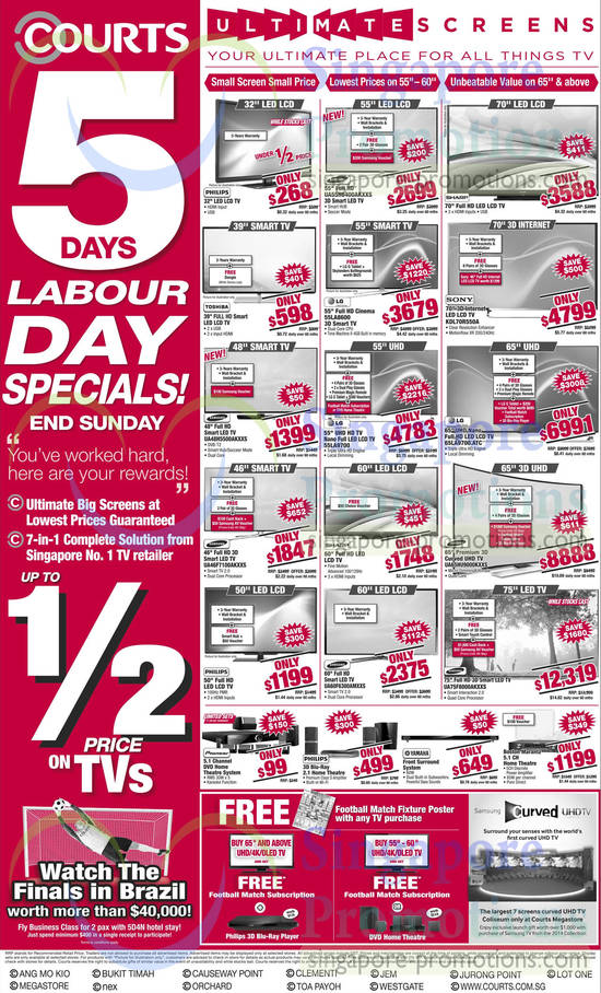 3 May TVs, Home Theatre Systems, Samsung, LG, Sony, Philips, Toshiba, Sharp