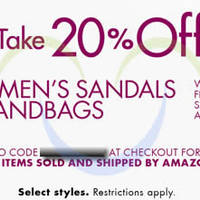 Read more about Amazon.com 20% OFF Women's Sandals & Handbags Coupon Code (NO Min Spend) 23 - 28 May 2014