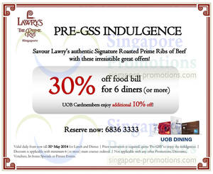 Featured image for (EXPIRED) Lawry’s The Prime Rib 30% Off Promo 29 – 31 May 2014