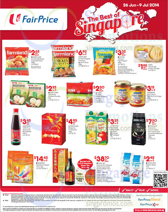 Best of Singapore Chicken Nuggets, Meatballs, Noodles, Chilli Saucxe, Sesame Oil, Biscuits, Fruit Juice, Coffee, Waist Tonic, Farmland