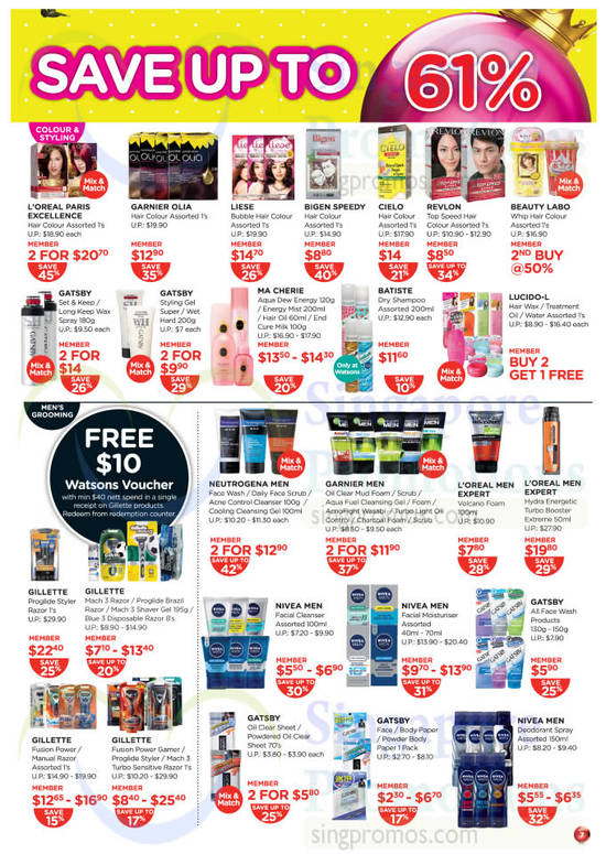 Save Up to 61 Percent, Free 10 Dollar Watsons Voucher, Gillette, Garnier, Gatsby, Nivea, Loreal Paris, Liese, Revlon, Beauty Labo