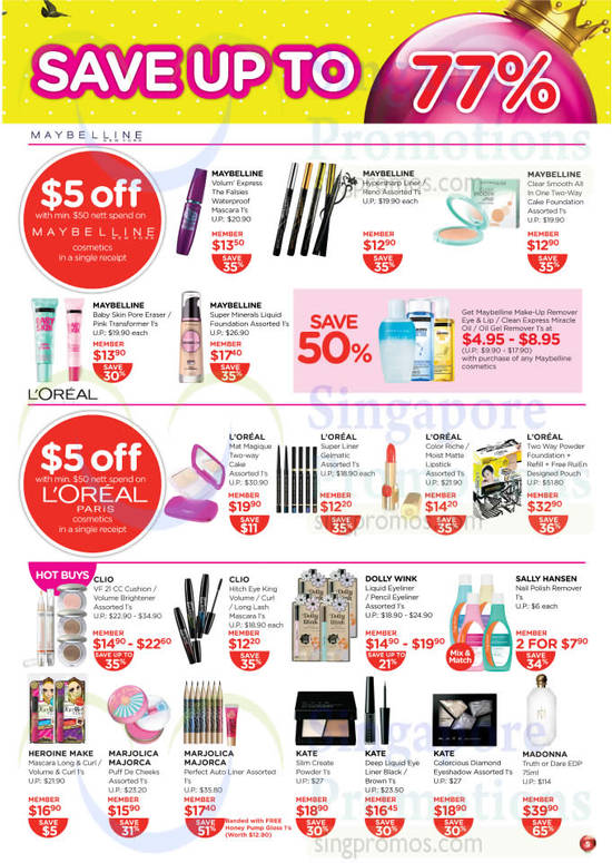 Save up to 77 Percent, 5 Dollar Off Loreal, Maybelline Products, Cosmetics, Kate, Madonna, Sally Hansen, Clio, Dolly Wink