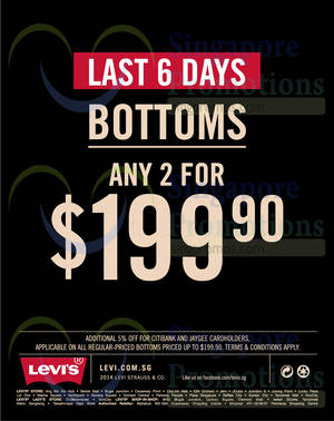 Featured image for (EXPIRED) Levi’s Any 2 Bottoms For $199.90 29 Aug – 22 Oct 2014