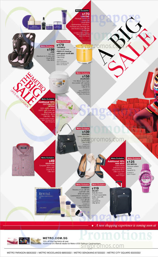 22 Aug Apparels, Car Seat, Cosmetics, Trolley Case, Lancome, Thermos, Joie, Zojirushi, Cottonly, Renoma, Goldlion, Delsey, Nine West