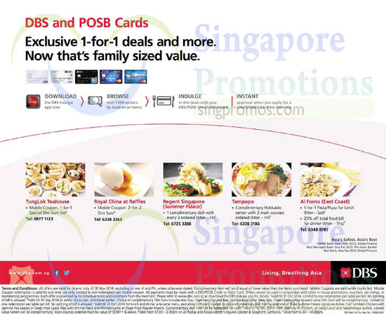 4 Sep 1 for 1 Deals TungLok Teahouse, Royal China at Raffles, Regent Singapore, Tampopo, Al Forno