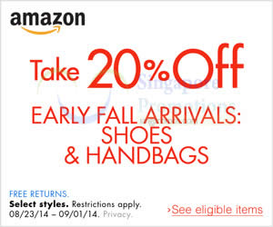 Featured image for (EXPIRED) Amazon.com 20% OFF Shoes & Handbags Coupon Code (NO Min Spend) 31 Aug – 2 Sep 2014