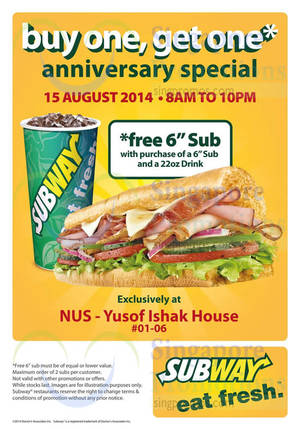 Featured image for (EXPIRED) Subway Buy 1 Get 1 FREE (BOGO) Sub Promotion @ NUS 15 Aug 2014