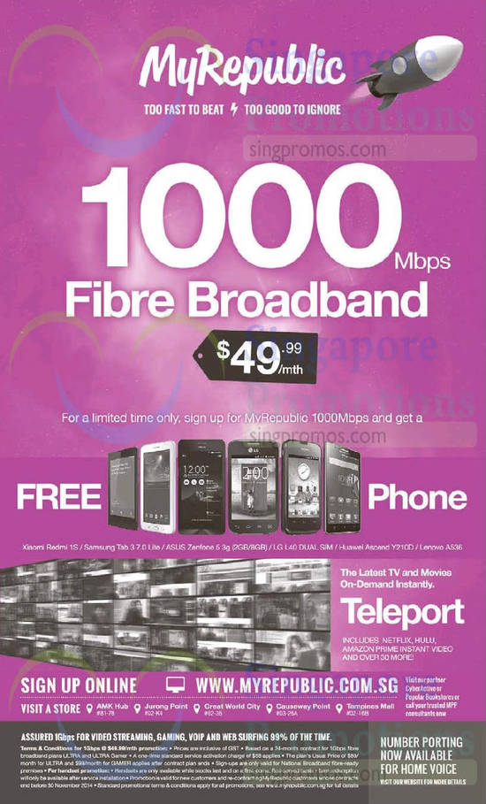 8 Nov 49.99 1000Mbps Fibre Broadband, Free Phones, Teleport