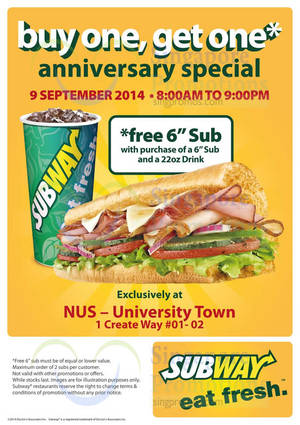 Featured image for (EXPIRED) Subway Buy 1 Get 1 FREE (BOGO) Sub Promotion @ NUS 9 Sep 2014