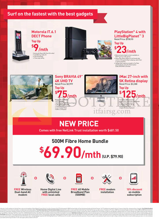 Fibre Home Bundle 500M 69.90, Motorola IT.6.1, Sony PlayStation 4, Sony Bravia 4K TV, iMac