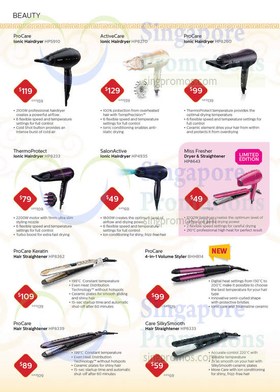 Hairdryers, Hair Straighteners, Volume Styler, HPS910, HP8270, HP8260, HP8233