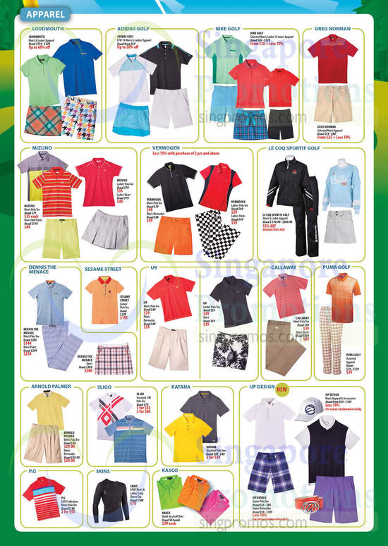 Apparel, Polo Tees, Bermudas, Pants, Junior Wear, Skirts, Accessories, Mizuno, Vermogen, Loudmouth, Le Coq Sportif, Dennis The Menace, Nike Golf, Arnold Palmer