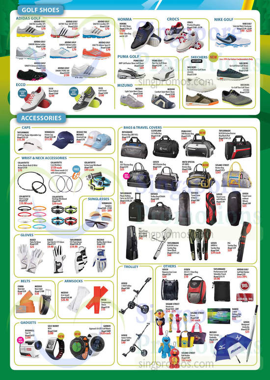 Shoes, Accessories, Stand Bags, Cart Bags, Caps, Wristbands, Gloves, Trolleys, Watches, Belts, Armsocks, Adidas Golf, Gosen, Mizuno, Puma Golf