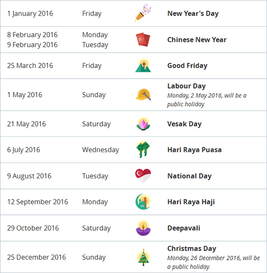 singapore bank holidays 2016