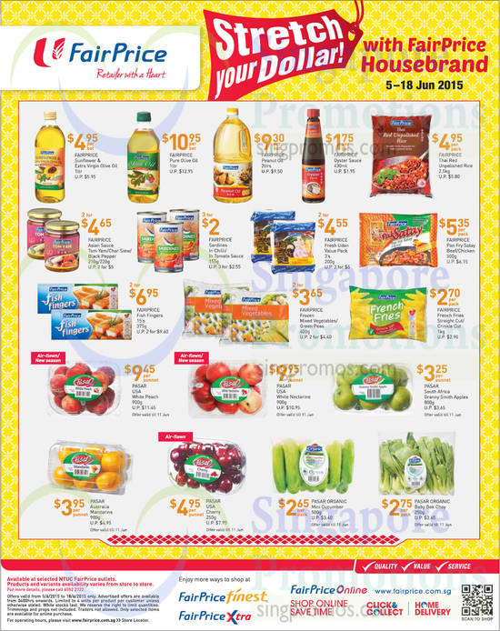 Fairprice Housebrand Products Oils, Sauce, Rice, Sardines, Fish Fingers, Cucmbers, USA Cherries, Mandarins, Apples, Nectarines