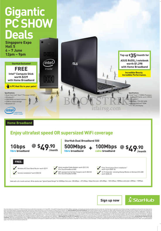 Highlights 1Gbps Fibre 49.90, Free Intel Compute Stick, ASUS R455LJ Notebook, Dual Broadband 500