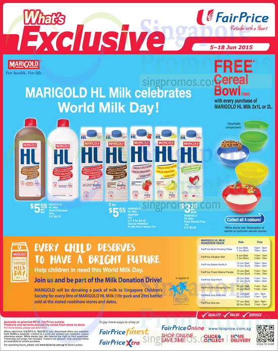 Marigold HL Milk, Free Cereal Bowl, World Milk Day, 5 To 18 Jun 2015, Milk Donation Drive, Roadshows, Marigold HL Milk Plant Sterols Plus