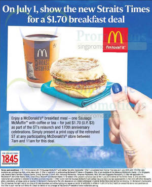 Featured image for (EXPIRED) McDonald’s $1.70 Breakfast Deal For Straits Times Readers 1 Jul 2015