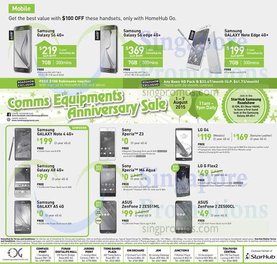 Comms Equipments Samsung Galaxy S6, S6 Edge, Note Edge, Note 4, A8, A5, Sony Xperia, Xperia M4 Aqua, Asus Zenfone 2 ZE551 ML, 2 ZE500CL, LG G4, G Flex 2