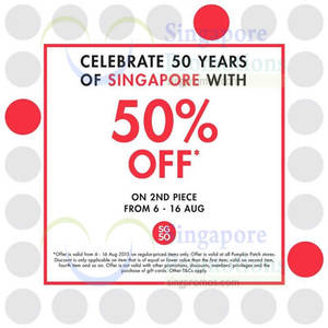 Featured image for (EXPIRED) Pumpkin Patch 50% Off 2nd Piece SG50 Promo 8 – 16 Aug 2015