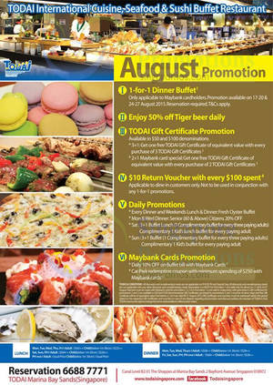 Featured image for (EXPIRED) Todai 1 for 1 Dinner Buffet For Maybank Cardmembers (Mon-Thurs) 17 – 27 Aug 2015