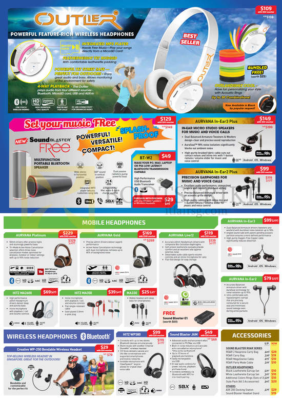 Creative Headphones Outlier, SoundBlaster, Aurvana Platinum, Gold, Live 2, In-Ear 2, 3, HITZ MA2600, MA330, MA350
