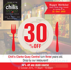 Featured image for (EXPIRED) Chili’s 30% Off Main Course @ Clarke Quay Central 12 Oct 2015