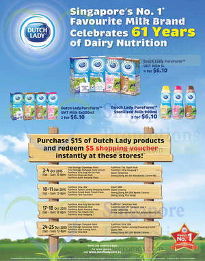 Featured image for (EXPIRED) Dutch Lady Spend $15 & Get $5 Voucher (Sat & Sun) @ Selected Stores 3 – 25 Oct 2015