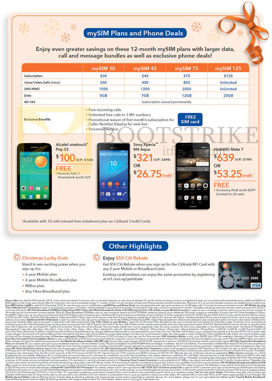 mySIM Plans, Alcatel Onetouch, Sony Xperia M4 Aqua, Huawei Mate 7, Christmas Lucky Grab, Citi Rebate