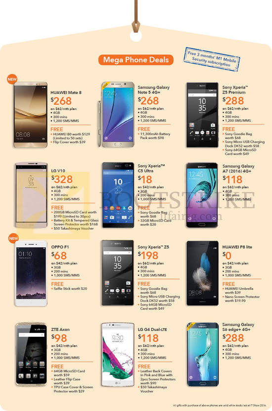 Mobile Phones Huawei Mate 8, P8 Lite, Samsung Galaxy Note 5, A7, S6 Edge Plus, Sony Xperia Z5 Premium, C5 Ultra, Z5, LG V10, G4 Dual, Oppo F1, ZTE Axon