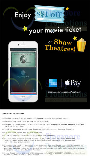 Featured image for (EXPIRED) Shaw Theatres S$1 Off Ticket Promotion w/ American Express Apple Pay from 1 – 30 Jun 2016