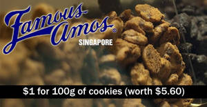 Featured image for (EXPIRED) Famous Amos: $1 for 100g of cookies (worth $5.60) for UOB Cardmembers from 25 – 29 Jul 2016