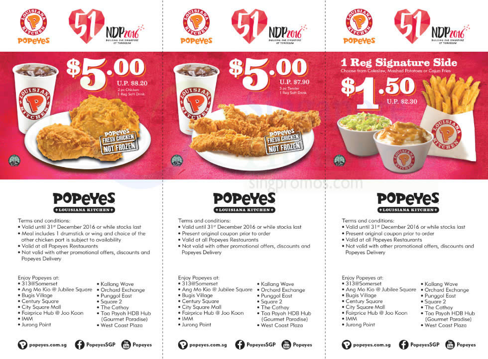 Popeyes: Coupon Deals for Dine-in/Takeaway from 21 Jul – 31 Dec 2016