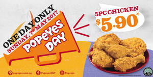 Featured image for (EXPIRED) Popeyes 5pcs chicken for $5.90 one-day deal returns on Sunday, 7 May 2017