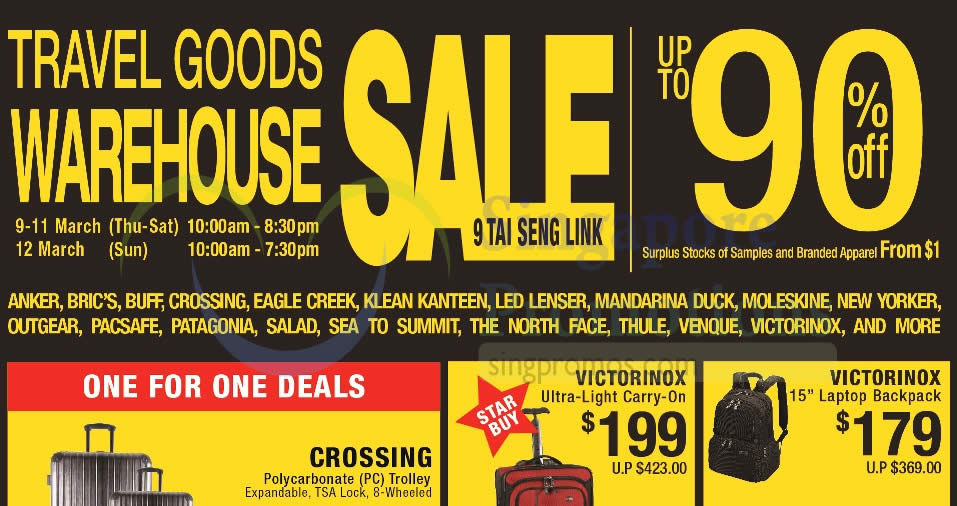 Featured image for Tai Seng travel goods warehouse sale is back offering up to 90% off travel goods from 9 - 12 Mar 2017