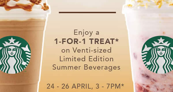 Featured image for Starbucks: Enjoy a 1-for-1 treat on the limited edition summer beverages from 24 - 26 Apr 2017, 3 - 7pm