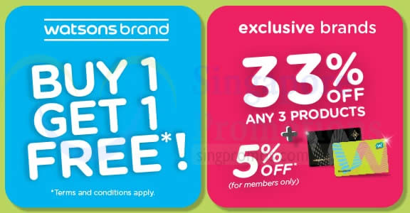 Featured image for Watsons: Today only! 1-for-1 Watsons brands, 33% off any 3 products & more! Valid on 27 Jun 2018