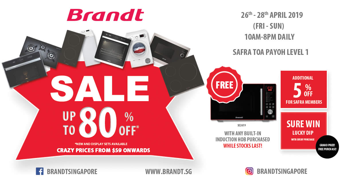 Featured image for Brandt SAFRA Toa Payoh SALE: Up to 80% off with Sure Lucky Dip prizes (26th April - 28th April 2019)
