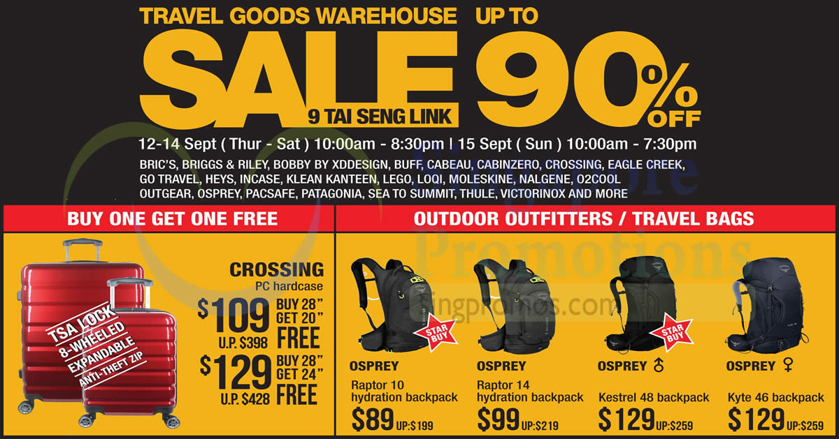Featured image for Tai Seng travel goods warehouse sale with up to 90% off travel accessories, luggage, bags and many more from 12 - 15 Sep 2019