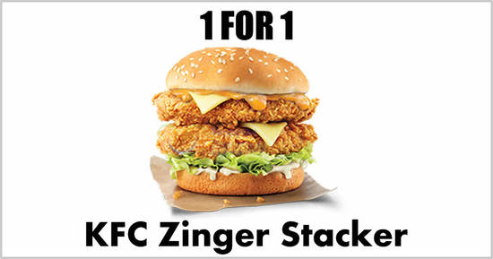 Featured image for KFC: 1-for-1 Zinger Stacker burger (Dine-in / Takeaway / Delivery) with DBS/POSB cards till 17 Dec 2020