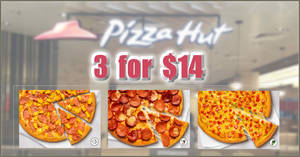 Featured image for (Sold out!) Pizza Hut is offering 3 regular pizzas for just $14 (U.P. $52.20) for delivery orders till 17 March 2020