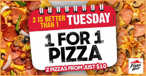 Featured image for Pizza Hut: 1-for-1 pizzas* every Tuesday for delivery orders made online
