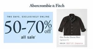 Featured image for (EXPIRED) Abercrombie & Fitch is throwing a two-day online sale featuring 50-70% OFF sale items till 13 May 2020