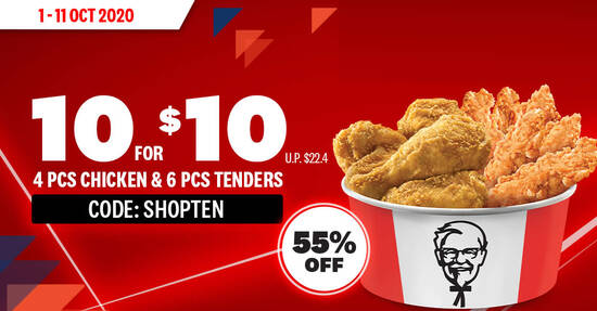 Featured image for KFC Delivery: Enjoy 10pcs for $10 deal (4pcs Chicken + 6pcs Hot & Crispy Tenders) with this code till 11 Oct 2020