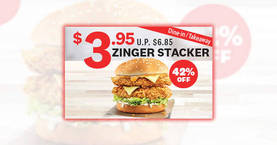Featured image for KFC: $3.95 Zinger Stacker (42% off) for dine-in/takeaway orders till 31 October 2020