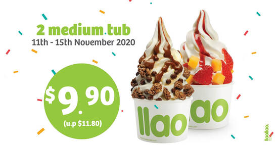 Featured image for llaollao: Enjoy 2 Medium Tubs for only $9.90 (Usual Price: $11.80) at all outlets from 11 - 15 Nov 2020